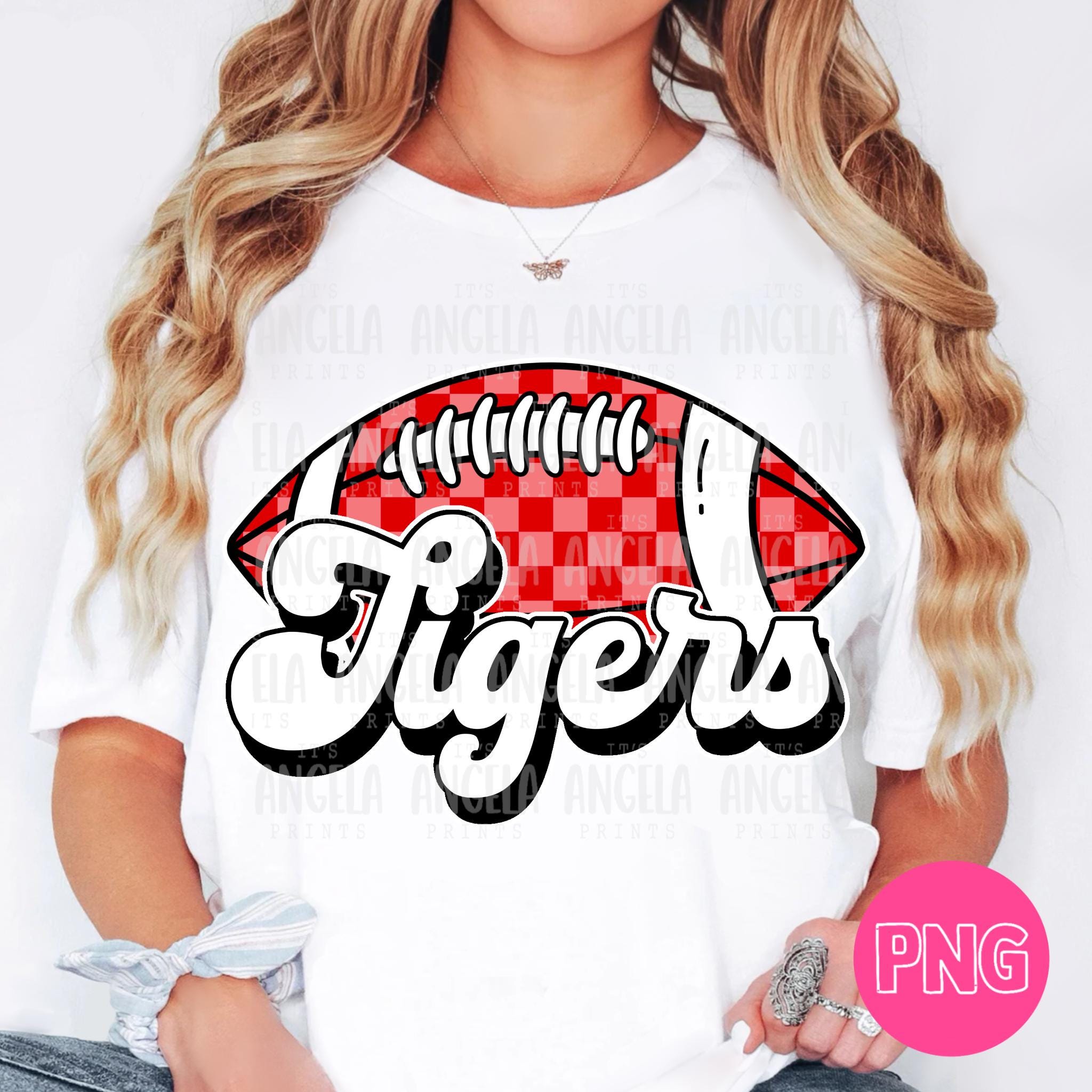 PNG Tigers Red Football Checkered School Team Spirit Mascot Teacher Game Day Homecoming Cheer Groovy Retro for Sublimation DTF Shirt