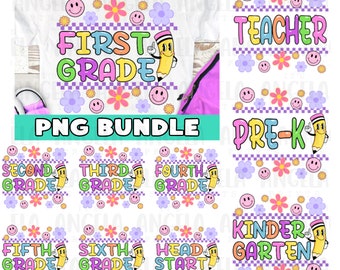 PNG Back To School First Day Grades Bundle Headstart PreK Kindergarten 1st 2nd 3rd 4th 5th 6th Teacher Retro Preppy Smiley Sublimation DTF