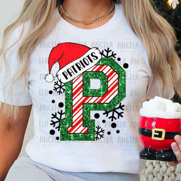 Patriots P Merry Christmas Santa Holiday Green Red Glitter Candy Cane December Mascot School Spirit PNG DTF Sublimation Screen Print Shirt