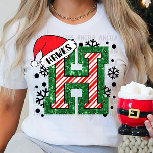 Hawks H Merry Christmas Santa Holiday Green Red Glitter Candy Cane December Mascot School Spirit PNG DTF Sublimation Screen Print Shirt