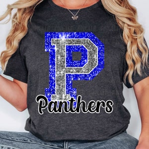 PNG P Panthers Blue Bling Sparkle Glitter School Team Spirit Mascot Teacher Game Day Football Cheer Design for Sublimation DTF HTV Shirt