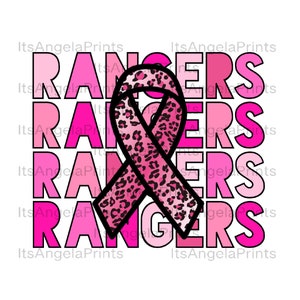 Rangers Stacked Breast Cancer Awareness Pink Leopard Ribbon PNG, Digital Download, Transparent, File, Sublimation, DTF, Transfer, Tshirt