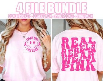 PNG Bundle Rebels Breast Cancer Awareness Pink Out Groovy Wavy Retro Preppy School Spirit Mascot Pocket Design for Sublimation DTF Shirt
