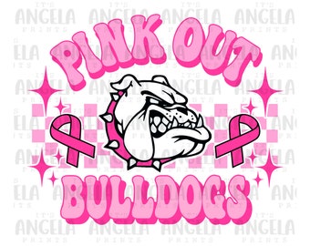PNG Bulldogs Pink Out Breast Cancer Awareness Groovy Checkered Preppy School Team Spirit Mascot Football Volleyball for Sublimation DTF