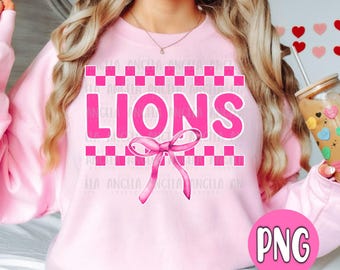 PNG Lions Checkered Coquette Bow Valentine's Day Pink Out School Spirit Teacher Mascot Digital Download Design for Sublimation DTF Shirt