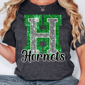 PNG H Hornets Green Bling Sparkle Glitter School Team Spirit Mascot Teacher Game Day Football Cheer Design for Sublimation DTF HTV Shirt