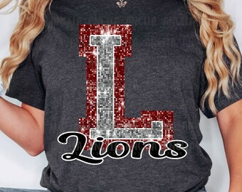 PNG L Lions Maroon Bling Sparkle Glitter School Team Spirit Mascot Teacher Game Day Football Cheer Design for Sublimation DTF HTV Shirt