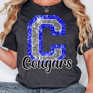 PNG C Cougars Blue Bling Sparkle Glitter School Team Spirit Mascot Teacher Game Day Football Cheer Design for Sublimation DTF HTV Shirt