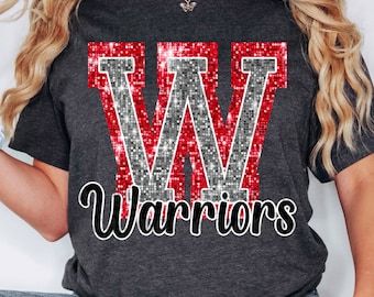 PNG W Warriors Red Bling Sparkle Glitter School Team Spirit Mascot Teacher Game Day Football Cheer Design for Sublimation DTF HTV Shirt