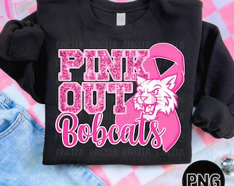 May include: Black crewneck sweatshirt with the words "PINK OUT Bobcats" in pink glitter lettering. A pink ribbon and a fierce pink wildcat graphic are also featured on the front. The sweatshirt is displayed on a pink and white checkered background.