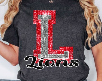 PNG L Lions Red Bling Sparkle Glitter School Team Spirit Mascot Teacher Game Day Football Cheer Design for Sublimation DTF HTV Shirt