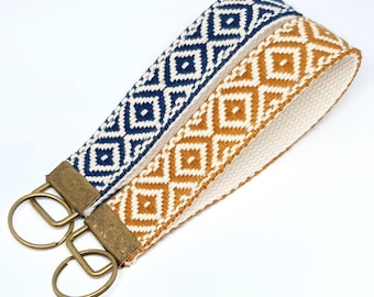 Boho Style Key Wristlet - Key Fob, Gifts for Women, Stocking Stuffer, Cotton Key Chain, Mustard Yellow, Navy Blue
