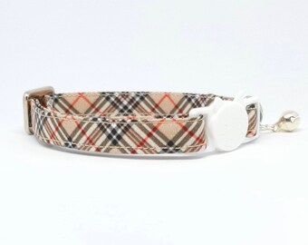 Beige Plaid Print Cat Collar - Printed Cat Collar, Kitten, Cat Accessory, Pet Costume, Designer Cat Collar, Cream Plaid Collar