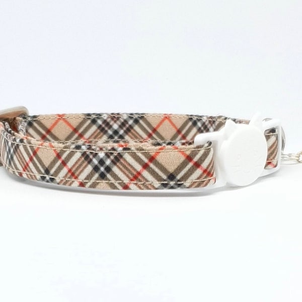 Beige Plaid Print Cat Collar - Printed Cat Collar, Kitten, Cat Accessory, Pet Costume, Designer Cat Collar, Cream Plaid Collar