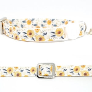 Sunflower Print Cat Collar - Printed Cat Collar, Kitten, Cat Accessory, White Cat Collar, Silver Collar, Floral Cat Collar