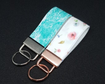 Mini Fabric Key Chain - Key Fob, Gifts for Women, Stocking Stuffer, Cotton Key Chain, Floral Keychain, Blue Seafoam Key Ring