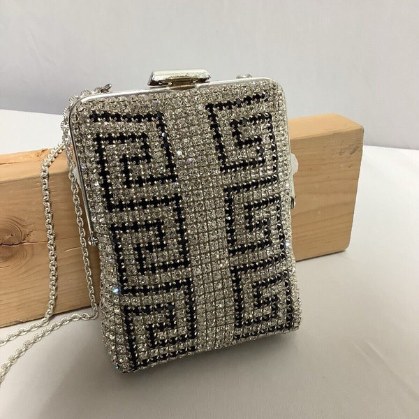 Vintage Swarovski Crystal pave Rhinestone black  Beaded Evening Bag Purse ,Greek design vintage pocketbook , vintage evening bag , Handbag