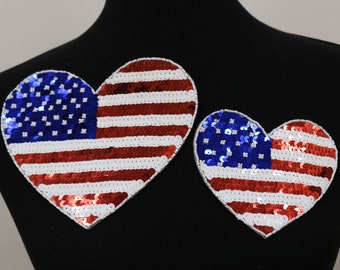 Hjärtmärke med amerikansk flagga, applikation med paljettflagga från USA, märke med militärveteraner, valmärke, patriotiskt märke, 4 juli-märke