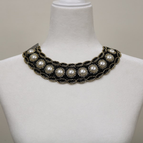 Black gold cream pearl beaded sew on collar, Beaded collar bib, beaded collar necklace. beaded collar, Faux pearl collar, collar choker- 120