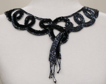 Black blue beaded sequin sew on collar, fringe collar applique bib, beaded collar necklace. DIY beaded collar, collar choker- bin 122