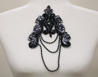 Black blue iridescent sequin sew on applique, collar applique bib, beaded collar necklace. DIY beaded collar, collar choker