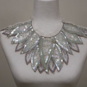 light blue iridescent beaded sequin sew-on collar, fabric collar neckline applique bib, collar necklace. DIY beaded bodice applique, P1