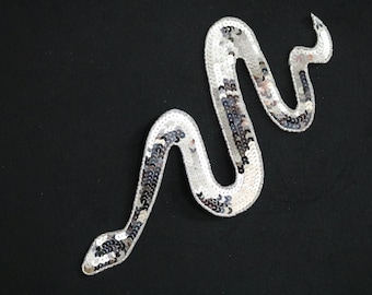 Silver sequins snake applique patch, sequin silver reptile patch applique, animal applique patch