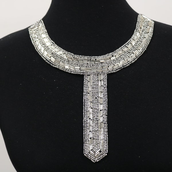 Vintage silver hematite seed beaded sew-on collar, bridal collar neckline applique bib, collar necklace. DIY beaded collar, bodice applique