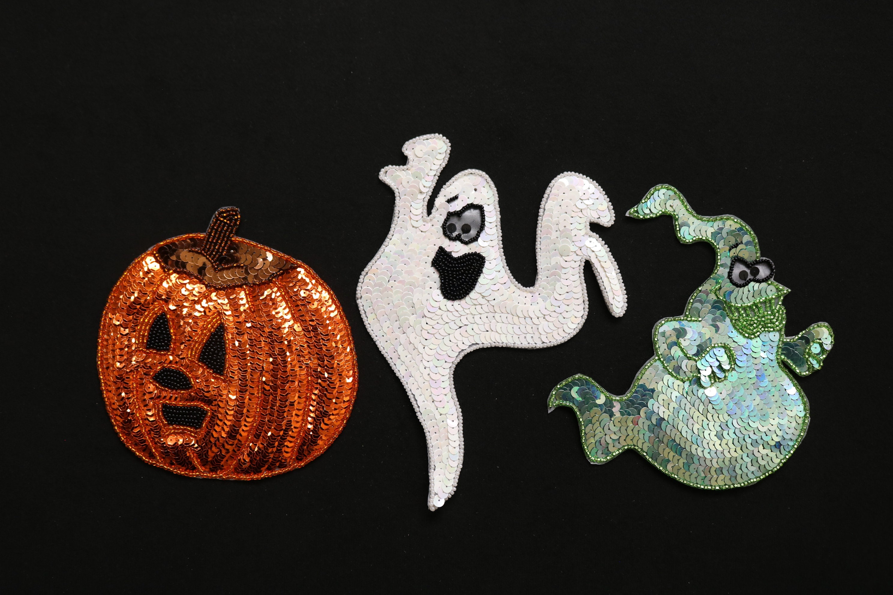 Sequin ghost patch, Green ghost patch, White ghost patch, Orange sequin pumpkin patch, sew on patch - glue on patch, Halloween patch