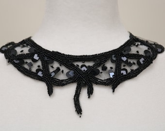 Black beaded sequin sew on collar, fabric collar applique bib, beaded collar necklace. DIY beaded collar, collar choker- 120