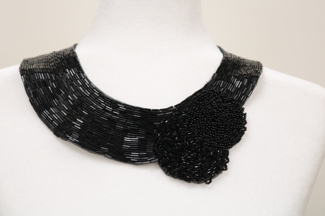 Black Beaded Sew on Collar Applique, DIY Collar Bib, Beaded Collar ...