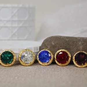 Vintage Czech gold red green orange blue purple rhinestone metal button, Gold shank button, blue stones button, bling button, purple button,