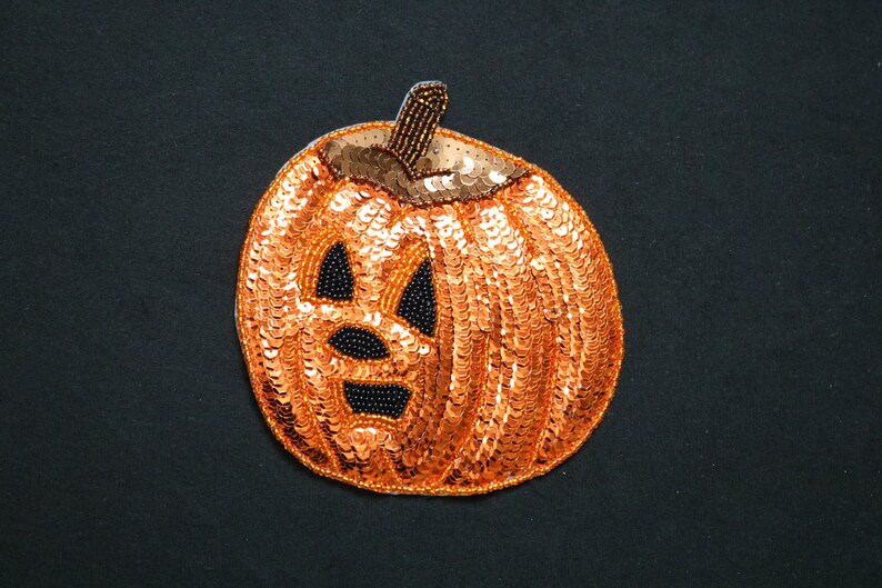 May include: A Halloween pumpkin decoration. The orange pumpkin is covered in sequins, with a carved face featuring black bead accents. The stem is brown and beaded. The background is black.