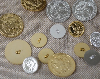 Set of 6 gold silver coin button, Faux money buttons, Gold silver metal button, in 2 sizes