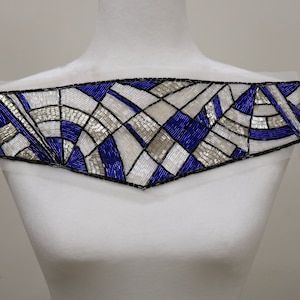 Blue silver beaded sew on applique, beaded collar bib,  blue silver beaded neckline, sew on applique, waistband applique, belt applique
