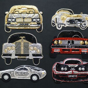 Sequin beaded car sew on applique patch, BMW car patch, Mercedes car patch, Rolls Royce car patch, Jaguar car patch, Corvette car patch