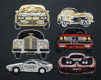 Sequin beaded car sew on applique patch, BMW car patch, Mercedes car patch, Rolls Royce car patch, Jaguar car patch, Corvette car patch