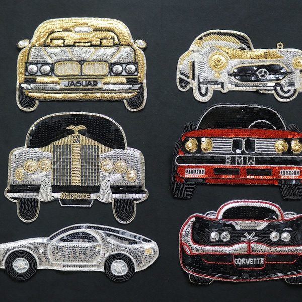 Sequin beaded car sew on applique patch, BMW car patch, Mercedes car patch, Rolls Royce car patch, Jaguar car patch, Corvette car patch