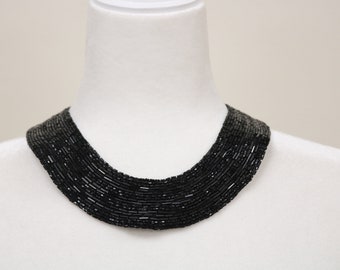 Vintage black beaded sew on collar applique, sequin collar bib, beaded collar necklace. beaded collar, collar choker