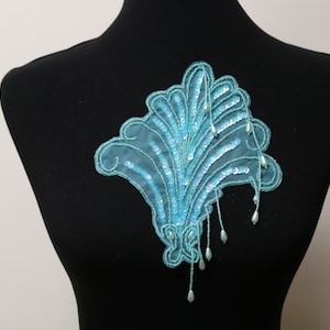 Blue sequin sew on bodice applique, beaded applique, teal blue beaded neckline, sew on applique, bodice applique, belt applique