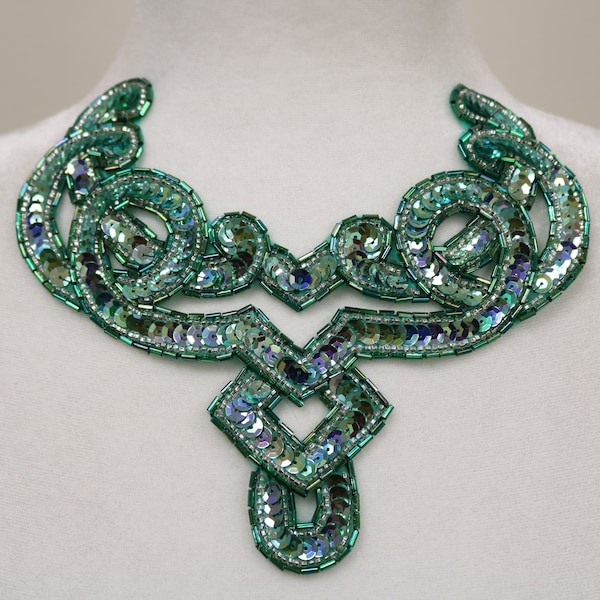 Green sequin sew on collar applique, fabric collar applique bib, seed beaded collar necklace. DIY sequin collar, collar applique