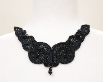 Black  beaded fabric sequin sew on collar, collar applique bib, beaded collar necklace. DIY beaded collar, collar choker- 122