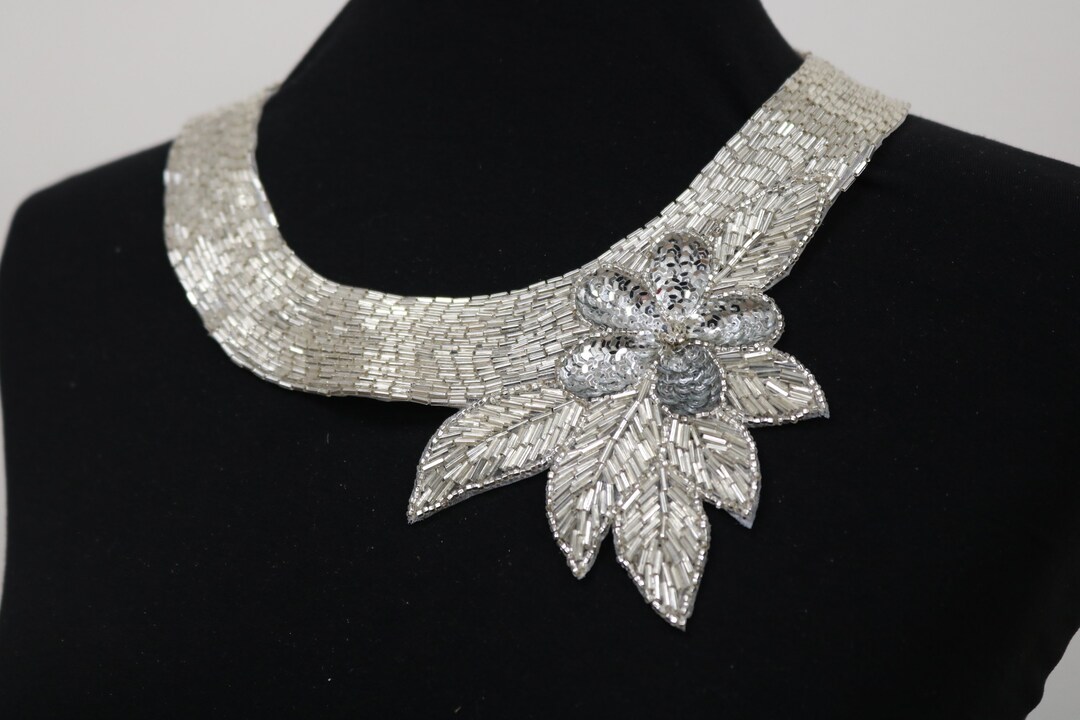 Vintage Clear Silver Beaded Sequin Sew-on Collar Applique, Bridal ...