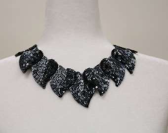 Blue grey beaded sequin sew on collar, hearts collar applique bib, beaded collar necklace. DIY beaded collar, collar choker- 122