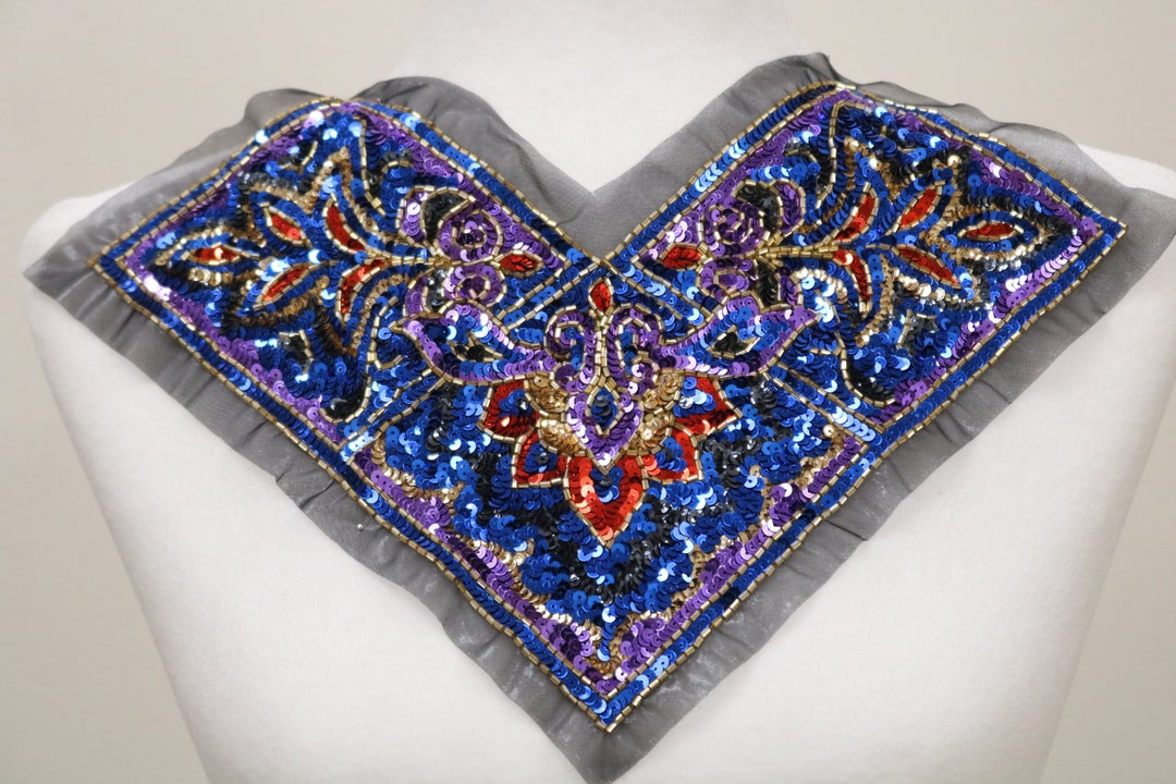 Vintage Blue Purple Sequin Sew on Applique Collar, Multi Color Flower