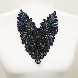 Black blue iridescent sequin sew on collar, beaded bodice applique , beaded collar applique, DIY beaded collar, collar choker