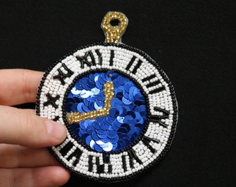 Clock applique patch, beaded sequin clock patch applique, blue white black gold patch, watch applique patch