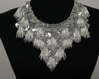 Silver beaded fringes sew-on collar, bridal collar neckline applique bib, collar necklace. DIY beaded collar, bodice applique -104