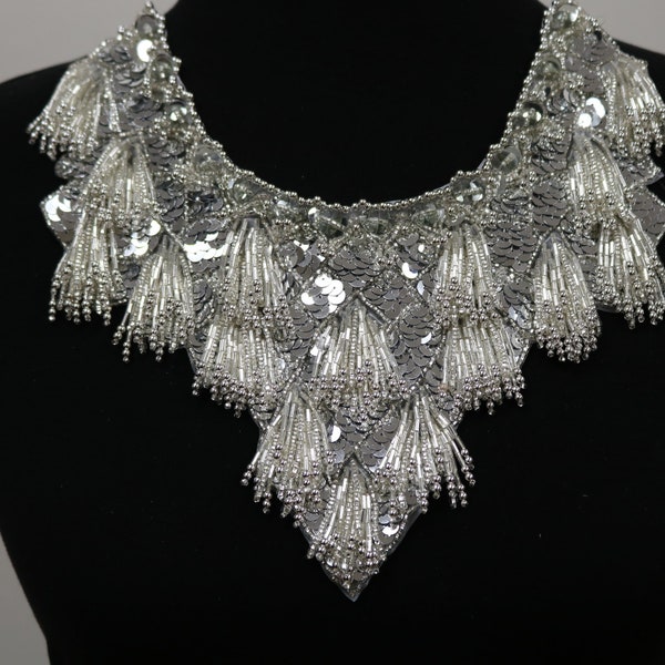 Silver beaded fringes sew-on collar, bridal collar neckline applique bib, collar necklace. DIY beaded collar, bodice applique -104