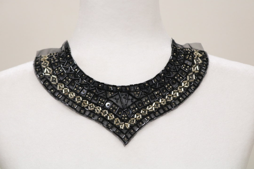 Black Gold Tone Beaded Diy Sew on Collar Applique, Sequin Collar Bib ...